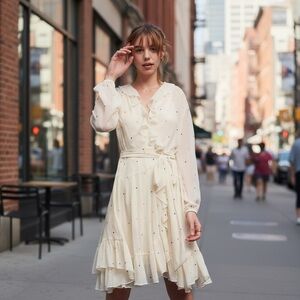 Anthropologie Ranna Gill Chiffon
Wrap Dress Belted Ruffle Hem
Cream, Size Small